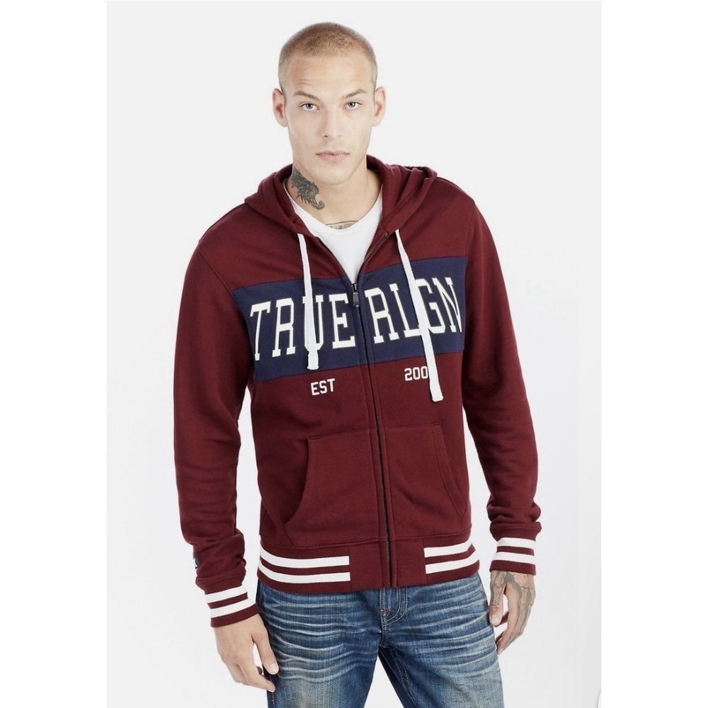 True Religion Brand Jeans TR ZIP MENS HOODIE Burgundy Size Large‎ Sweatshirt